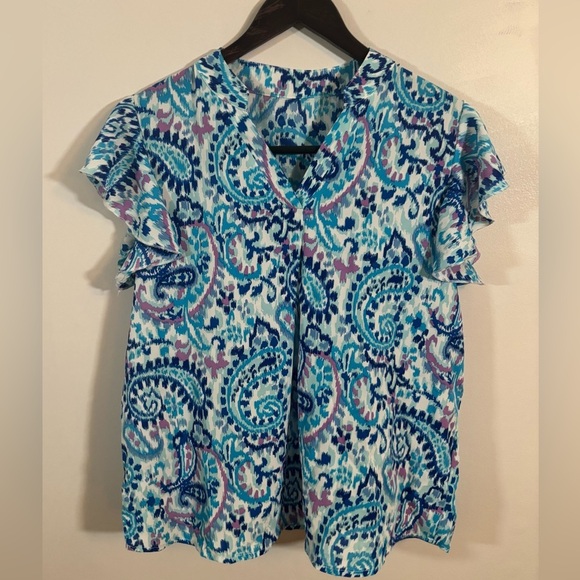 Tops - Boho Paisley Flutter Sleeve V-Neck Blouse Top Blue Pink Size Large